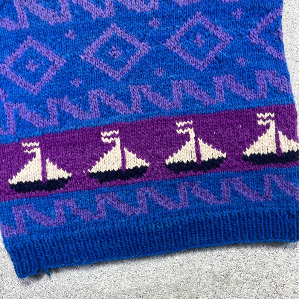 Vintage Hand Made Wool Sweater L/XL?? Sailboat Nautical Knit Blue Chunky Ecuador - Picture 14 of 16